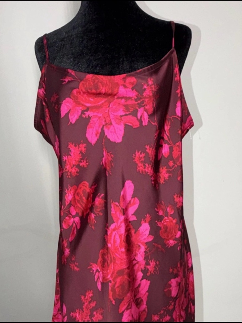 Floral Satin Slip Cami in Burgundy with Pink Roses
